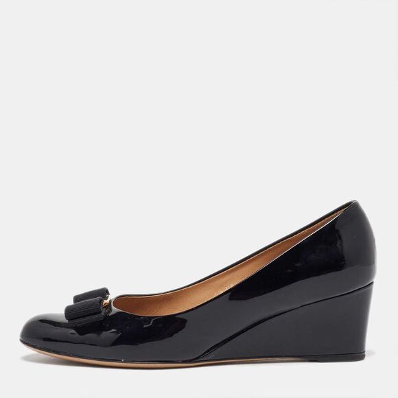 Salvatore Ferragamo Black Patent Leather Flo Vara Wedge Pumps Size 35,New Products : American Fashion Style Bags On Sale
